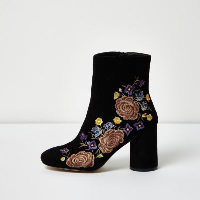 Black embroidered floral ankle boots